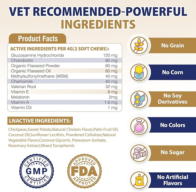 Hip and Joint Supplement for Dogs 200 Dog Calming Chews with Glucosamine, Chondroitin, Msm, Omega3, Melatonin for Senior Dogs Anxiety Pain Relief Anti Inflammatory Small/Medium/Large Dog -Chicken