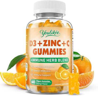 Vitamin C + D3 + Zinc Gummies for Adults, Immune Support Supplement with Elderberry, Echinacea & Mullein Leaf - Antioxidant Support, Sugar Free, Orange Flavor, 60 Count