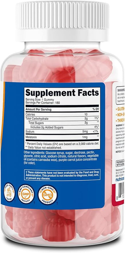 Nutricost Melatonin 1mg, 180 Gummies, Strawberry Flavored - Gluten Free, Non-GMO, No Corn Syrup