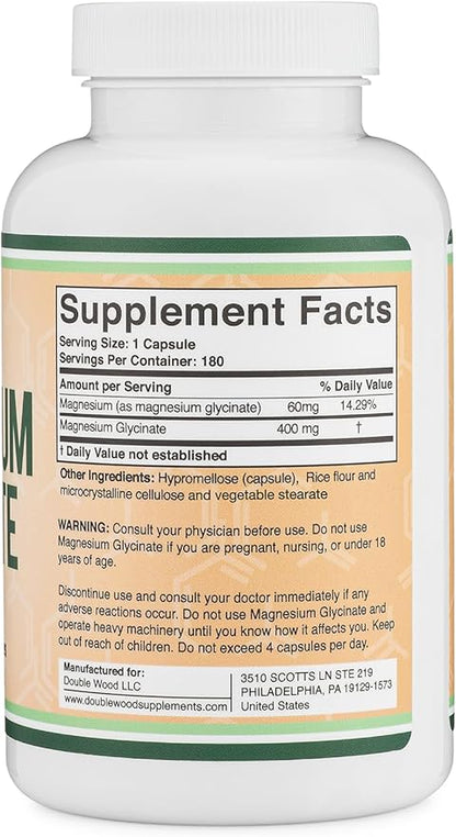 Magnesium Glycinate 400mg | 180 Capsules | Sleep, Muscle, & Heart Support | Vegan, Third Party Tested, Gluten Free, Non-GMO, by Double Wood Supplements