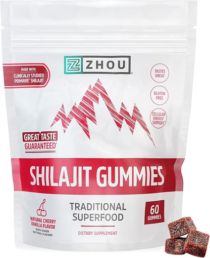 ZHOU Shilajit Gummies - Pure Himalayan Shilajit for Men and Women with Natural Resin Extract, 250 mg Per Serving, Clinically Studied, Gluten Free Formula - Cherry Vanilla Flavor, 60 Chews