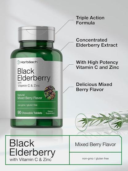 Horbaach Black Elderberry with Vitamin C and Zinc | 90 Chewable Tablets | Mixed Berry Flavor | Immune Support Complex | Vegetarian, Non-GMO, and Gluten Free Supplement