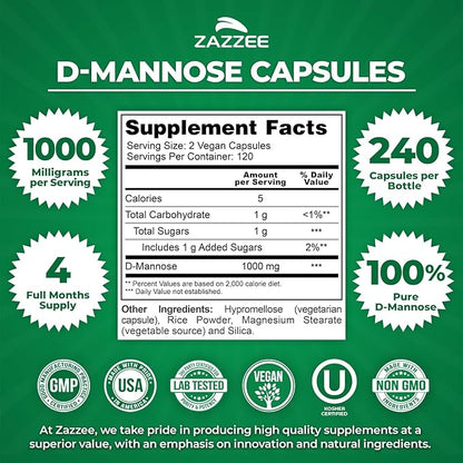 Zazzee D-Mannose, 1000 mg per Serving, 240 Vegan Capsules, 4 Month Supply, Potent & Fast-Acting, Certified Kosher, 100% Pure, All-Natural Urinary Tract Health Support, 100% Vegetarian, Non-GMO