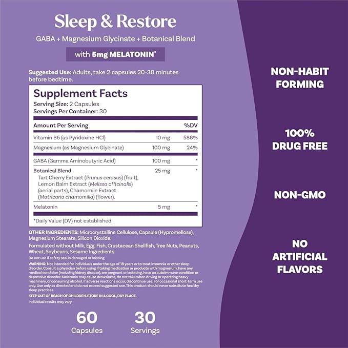 Natrol Sleep & Restore Capsules - Calm Magnesium Glycinate, Magnesium Sleep Aid with GABA, Melatonin 5mg, Botanical Blend, 30 Day Supply, 60 Count (Pack of 2)