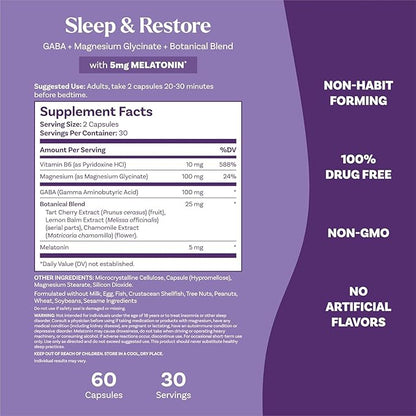 Natrol Sleep & Restore Capsules - Calm Magnesium Glycinate, Magnesium Sleep Aid with GABA, Melatonin 5mg, Botanical Blend, 30 Day Supply, 60 Count (Pack of 2)