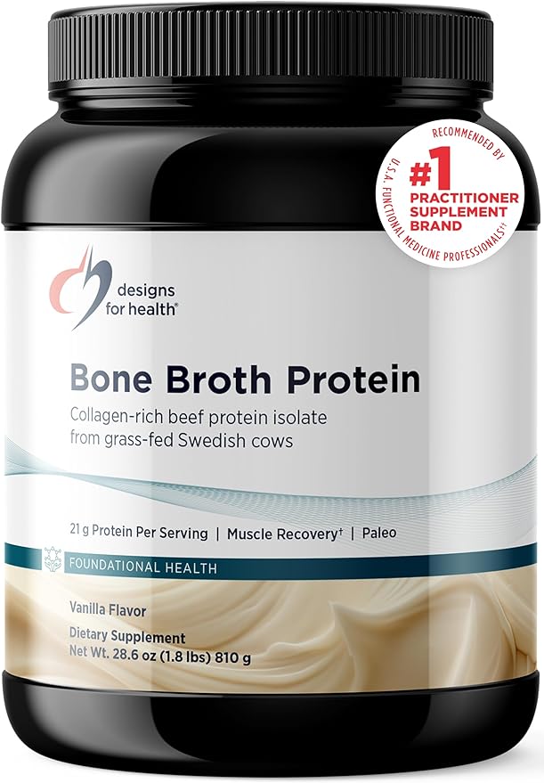 Designs for Health Bone Broth Protein Powder - 26g Grass-Fed, Collagen-Rich Beef Protein Isolate – Unflavored, Paleo, Non-GMO, Dairy-Free (30 Servings / 810g)