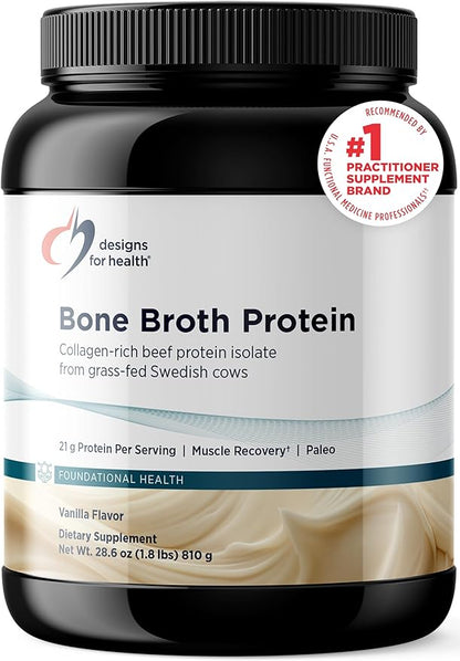 Designs for Health Bone Broth Protein Powder - 26g Grass-Fed, Collagen-Rich Beef Protein Isolate – Unflavored, Paleo, Non-GMO, Dairy-Free (30 Servings / 810g)