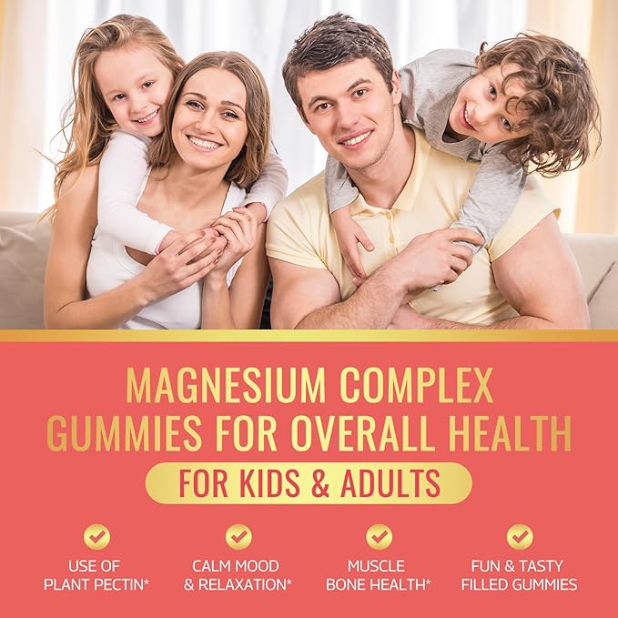 Magnesium Complex Gummies for Kids & Adults- Magnesium Glycinate, Taurate, Citrate, Malate Supplement-Support Calm Stress Relief, Bone, Muscle, Mood Vegan, Peach & Mango Flavor, 60 Gummies