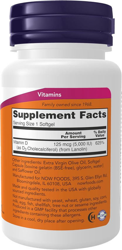 NOW Foods Supplements, Vitamin D-3 5,000 IU, High Potency, Structural Support*, 120 Softgels