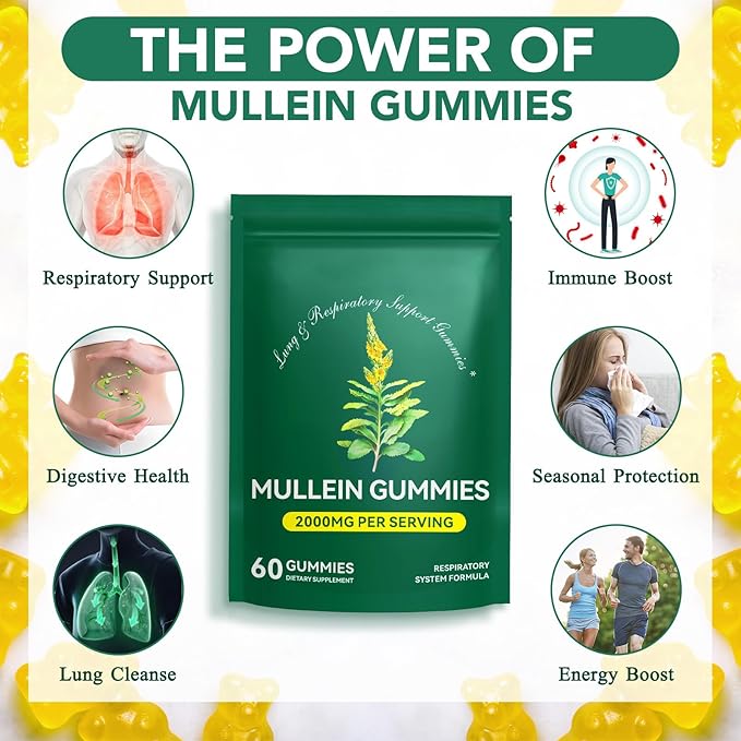 Mullein Gummies for Lung Cleanse 60 Count - Mullein Leaf Extract Gummies with Chlorophyll - Natural Herbal Supplement for Lung Cleanse, Respiratory Support, Boosts Immunity, Digestive Wellness