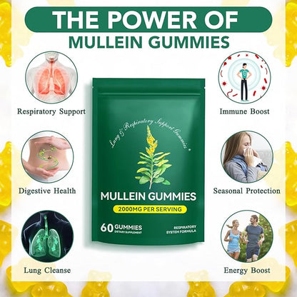 Mullein Gummies for Lung Cleanse 60 Count - Mullein Leaf Extract Gummies with Chlorophyll - Natural Herbal Supplement for Lung Cleanse, Respiratory Support, Boosts Immunity, Digestive Wellness