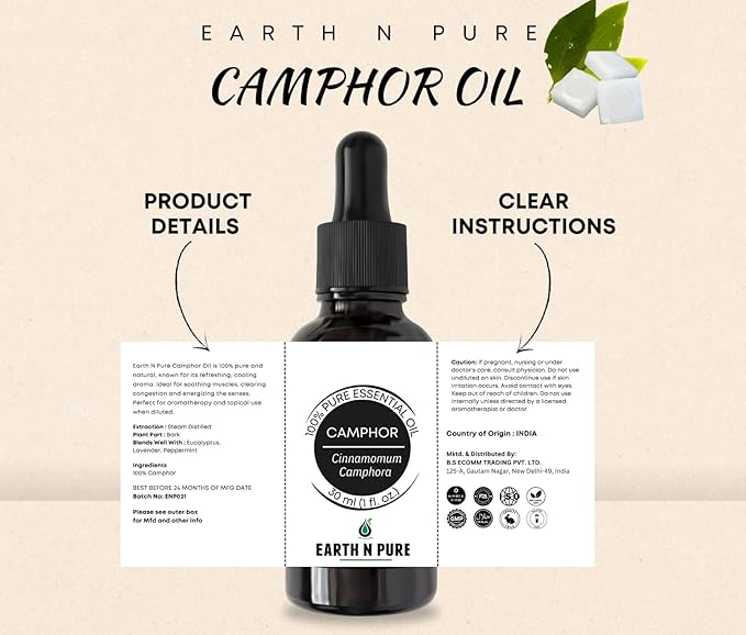 Earth N Pure Camphor Oil | Kapoor Oil | 100% Pure & Natural, Therapeutic Grade | Undiluted Essential Oil for Skincare, Hair Care, Aroma & Massage - 50 ML