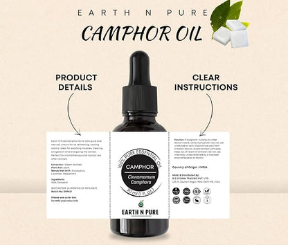 Earth N Pure Camphor Oil | Kapoor Oil | 100% Pure & Natural, Therapeutic Grade | Undiluted Essential Oil for Skincare, Hair Care, Aroma & Massage - 50 ML