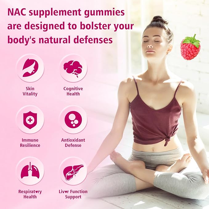 NAC Gummies Sugar-Free, N-Acetyl Cysteine NAC Supplement 1000mg for Antioxidants, Immune Support, Non-GMO, Gluten-Free, Vegan – Raspberry Flavor, 60 Gummies