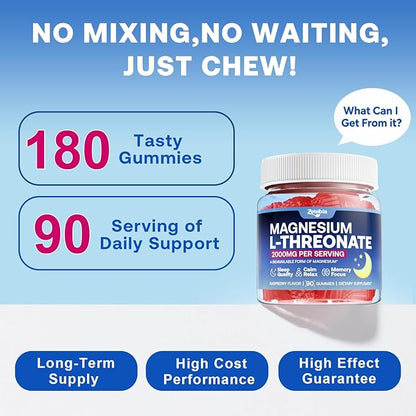180 Count | 2 Pack Magnesium L-Threonate Gummies 2000mg, Magnesium Threonate Supplement for Adults & Kids, Support Cognition, Restful Sleep & Muscle Health, Sugar Free, Vegan, Non-GMO