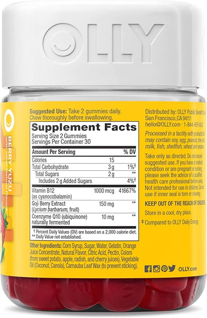 OLLY Extra Strength Daily Energy Gummy,Caffeine Free,1000mcg Vitamin B12,CoQ10,Goji Berry,Adult Chewable Supplement,Berry Yuzu Flavor -,60 Count (Pack of 2)