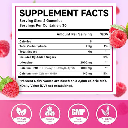 MEENCCD HMB and L-Leucine Gummies, HMB and Leucine Amino Acid for Muscle Growth, Muscle Maintenance, and Muscle Comfort, for Men & Women, Sugar-Free, Raspberry Flavor, 60 Count