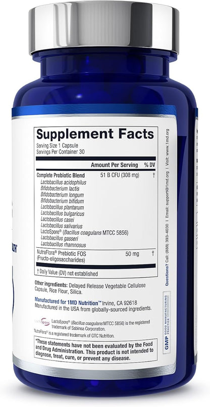 1MD Nutrition Complete Probiotics Platinum - w/Prebiotics and Probiotics for Digestive Health - Probiotic Supplement for Women & Men - More Than 50 Billion Live CFU 11 Strains Dairy-Free - 30 Caps
