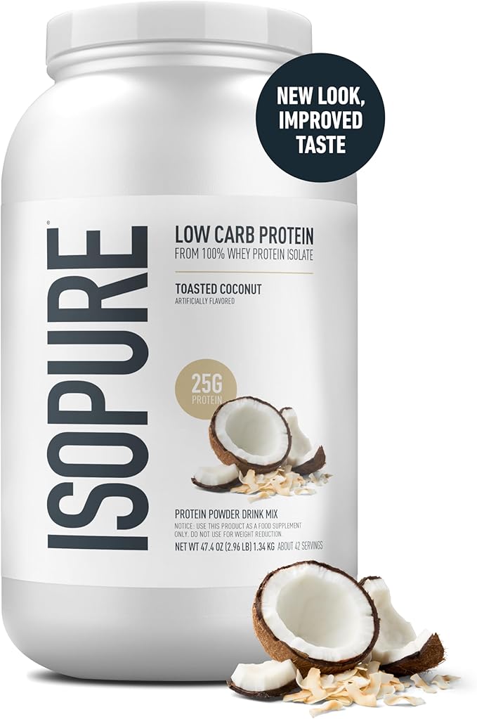Isopure Low Carb 100% Pure Whey Isolate Protein Powder, Gluten Free, With Vitamins, Toasted Coconut, 25g Protein Per Serving, 3 Lbs, 42 Servings (Packaging May Vary)