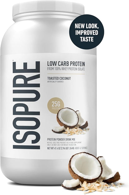 Isopure Low Carb 100% Pure Whey Isolate Protein Powder, Gluten Free, With Vitamins, Toasted Coconut, 25g Protein Per Serving, 3 Lbs, 42 Servings (Packaging May Vary)
