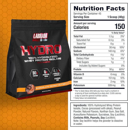 Labrada Hydro 100% Pure Hydrolyzed Whey Protein Isolate Powder, Lactose Free, Glutamine, Fastest Digesting Whey Available, Instant Mixing, Delicious Taste 45 Servings 4lb (Peanut Butter)