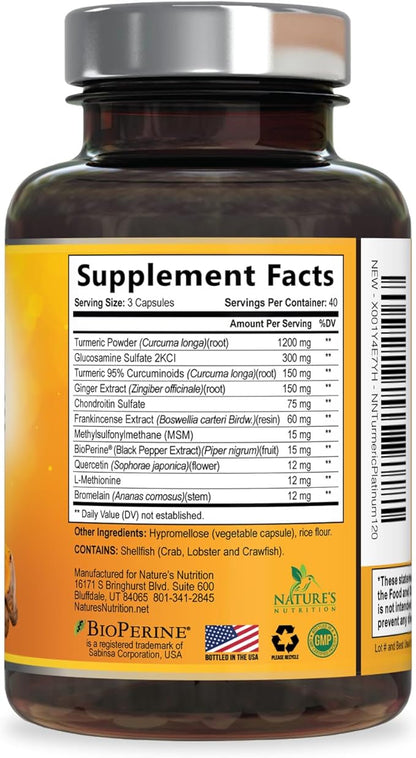 Turmeric Curcumin Supplement - 95% Curcuminoids with Glucosamine, Ginger & MSM, BioPerine Black Pepper Extract for Best Absorption, Natural Vegan Joint Support, Non-GMO, Bottled in USA - 120 Capsules