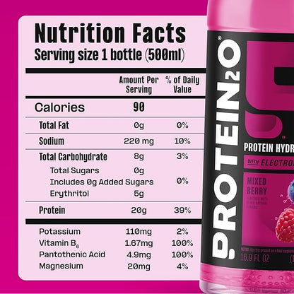 Protein2o Hydration Drink - 2-in-1 Liquid Clear Whey Protein Isolate and Electrolyte Drink - 20g Protein, Vitamins B5, B6 - Post-Workout Recovery - 16.9 Fl Oz - 12 Count Mixed Berry