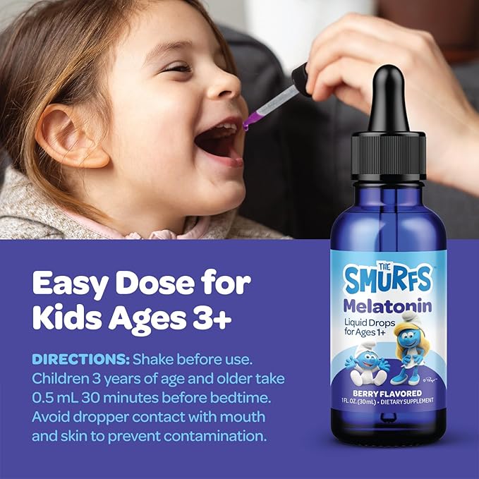 Smurfs Liquid Melatonin Drops for Kids | 1mg Melatonin Liquid for Kids with Calming Sleep Blend | Vegan Non-GMO & No Artificial Flavors or Colors | No Added Sugar | Berry Flavor | 60 Servings