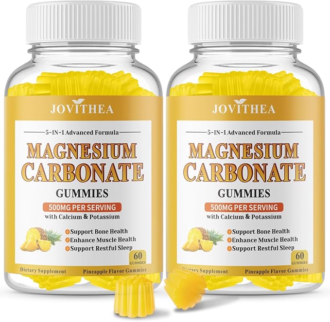 2 Pack Magnesium Carbonate Gummies 500mg, High Absorption Magnesium Supplement for Women & Men, with Calcium, Potassium, Vitamin C & D3, Support Digestive & Muscle Health, Sugar Free, Vegan,120Ct