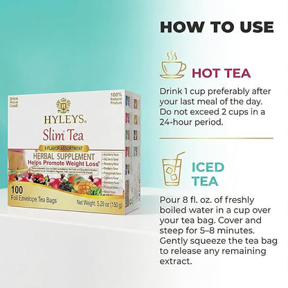 HYLEYS Slim Tea 9 Flavor Assortment 100 Ct - Weight Loss Herbal Supplement Cleanse and Detox - 100 Tea Bags (9 Pack) - Herbal Tea Variety Pack