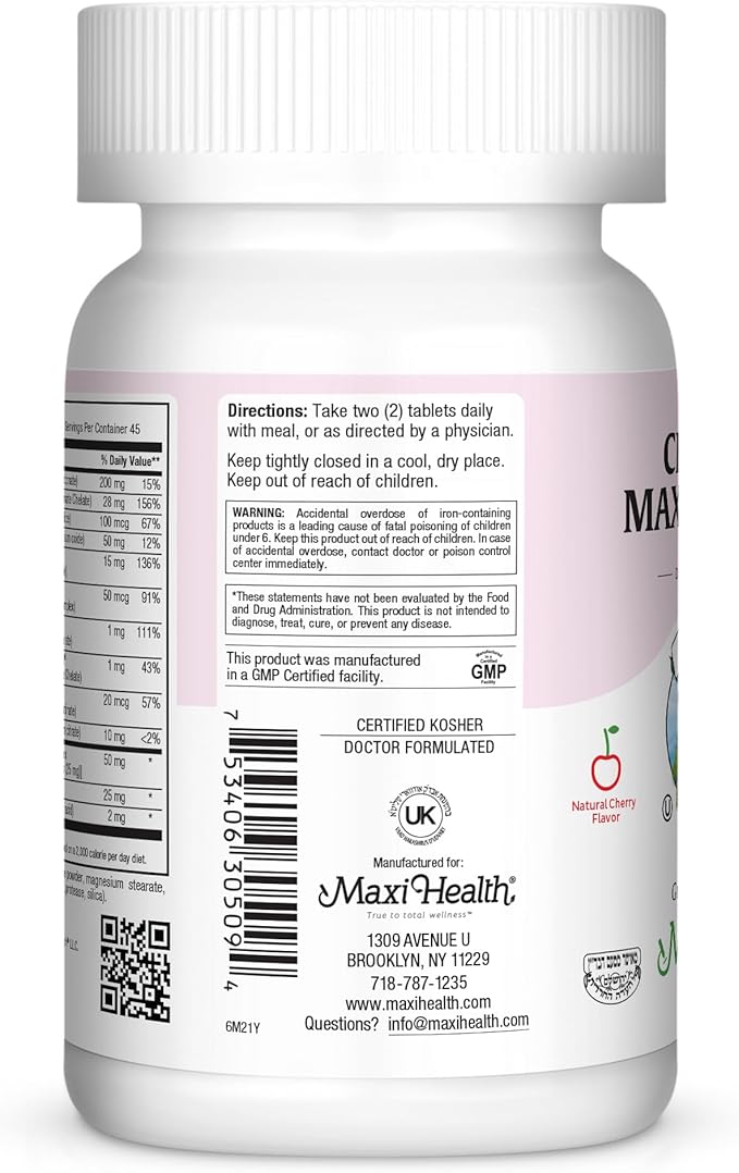 Maxi Health Chewable Prenatal Vitamins for Women – Prenatal with Iron, Biotin, Pantothenic Acid, & Magnesium – Kosher, Cherry Flavor Pregnancy Vitamins – 90 Tablets