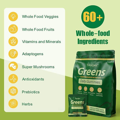 Greens Daily Gummies, Superfood Fruits and Veggies Blend with Spirulina, Chlorella, Prebiotics & Fiber, Adaptogens Multivitamin Supplement for Digestive Health, Non-GMO, 120 Count