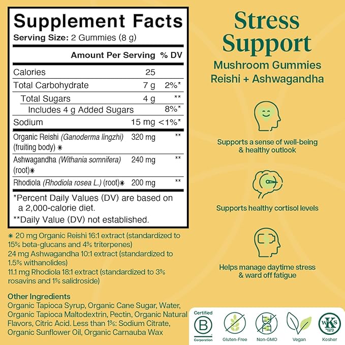 Charlotte's Web Stress Support Mushroom Gummies w/Reishi, Ashwagandha, Rhodiola Rosea Supplement — Natural Supplement — Strawberry-Flavored Ashwagandha Gummies (30 Servings)