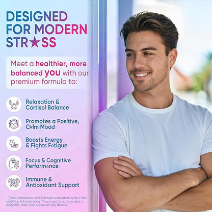 Cortisol Gummies for Women & Men, 19-IN-1 High Cortisol Reducer Supplement w/B Vitamins, Magnesium Glycinate, Ashwagandha, Saffron, Lion's Mane, Reshi for Relaxation, Focus & Balance Support, 60 Cout