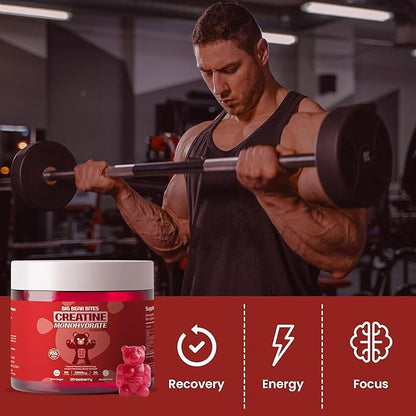 Creatine Monohydrate Gummies for Men & Women | 5000mg of Creatine Gummies per Serving | Sugar, Gluten Free & Halal | Pack of 90 for Pre Workout & Muscle Recovery | Strawberry Flavor