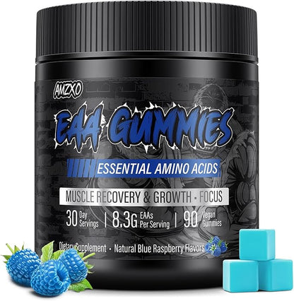 EAA Gummies - 2:1:1 BCAA Formula (8300mg) - Essential Amino Acids for Muscle Recovery & Endurance - Non-GMO, Gluten Free, Sugar Free, Vegetarian, Blue Raspberry Flavor - 90 Count