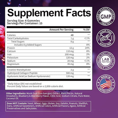 3 in 1 Whey Protein Gummies | Creatine Monohydrate | Collagen, 0 Sugar, Pure Protein Source, Muscle & Energy Support, Berry Flavor, for Women and Men