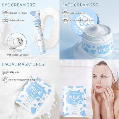 Milk Skin Care Set - 9PCS Milk Skin Care for Kids Ages 8-12 with Cleanser, Toner, Serum, Eye Cream, Face Cream, Sunscreen, Facial Masks - Deep Hydrating, Smooth & Delicate Skin for Girls & Women