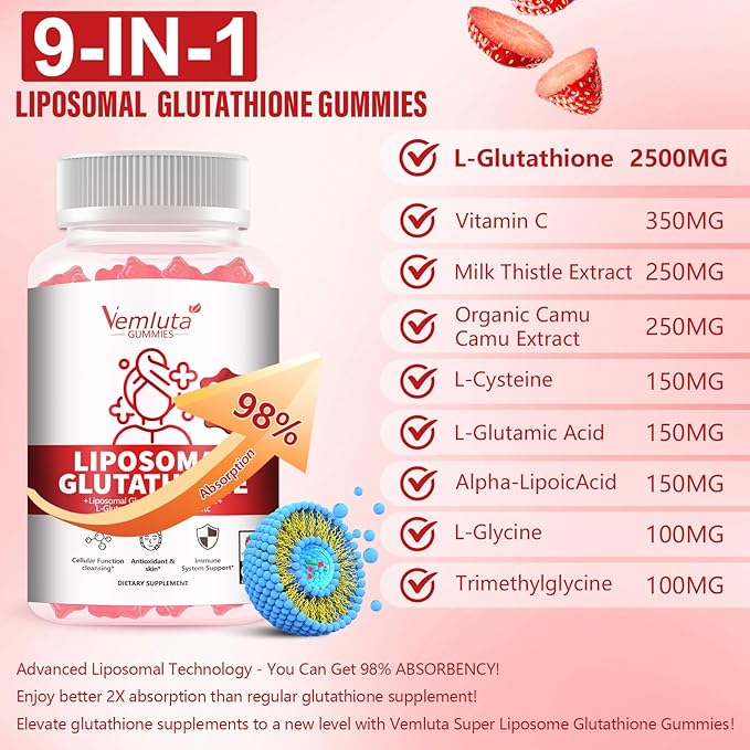 1 Pack 2500MG Liposomal Glutathione Gummies, 2X Absorption Liposomal Glutathione for Women-Complex L-Cysteine, Antioxidant, Skin & Liver Support, Strawberry Flavor, 60 Count