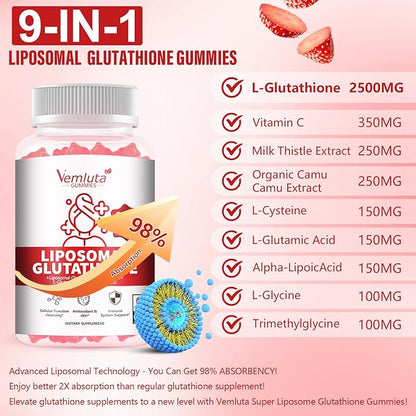 2 Packs 2500MG Liposomal Glutathione Gummies, 2X Absorption Liposomal Glutathione for Women-Complex L-Cysteine, Antioxidant, Skin & Liver Support, Strawberry Flavor, 120 Count