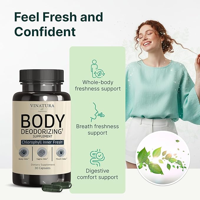 VINATURA Body Deodorizing Supplement for Women - Magic Chlorophyll Pills for Body Odor Eliminator, it Works for Her Internal Deodorant, 30 Capsules