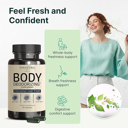 VINATURA Body Deodorizing Supplement for Women - Magic Chlorophyll Pills for Body Odor Eliminator, it Works for Her Internal Deodorant, 30 Capsules