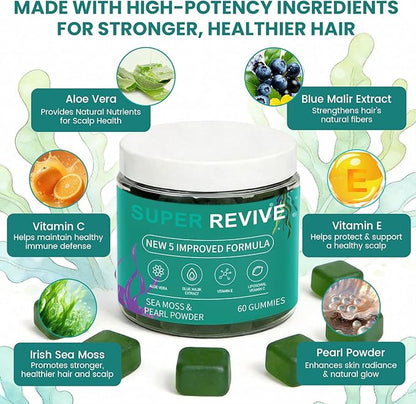 Super Revive Gummies for Hair Loss - Sea Moss Gummies with Vitamin C, E, Aloe Vera & Pearl Powder Glow, Promotes Thicker, Fuller & Stronger Hair - 60 Count