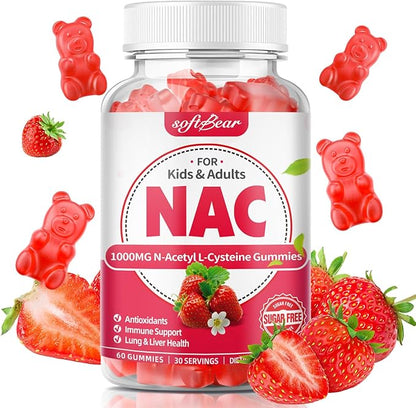 softbear NAC Gummies for Kids & Adults, NAC Supplement 1000mg N Acetyl Cysteine Supports Lung & Liver Health, Antioxidants & Immune System, Strawberry Flavor 60 Count