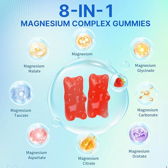 Magnesium Complex Gummies for Women Men 8 in 1, Magnesium Glycinate, Citrate, Malate, Taurate, Supports Bones, Muscle, Nerve Health, Sugar-Free, Vegan Non-GMO, Strawberry Flavor, 120 Count