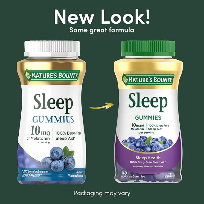 Nature's Bounty 10 mg Melatonin Gummy, 100% Drug Free Sleep Supplement, 10 mg, Blueberry, 140 Ct (Pack of 2)