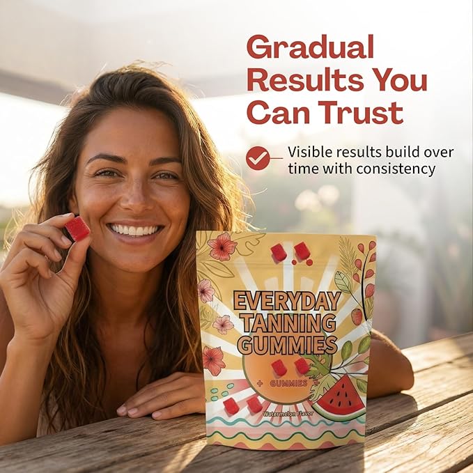 Daily Tanning Gummies – Natural Sunless Tanning for Women with Astaxanthin, Lycopene & Beta Carotene – Antioxidant Rich, Boosts Melanin – Watermelon Flavor – 60 Chewables