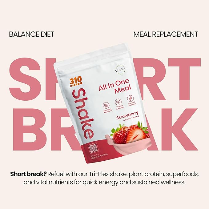 310 Nutrition All-In-One Meal Replacement Shake Powder - Plant-Based Protein Smoothie Blend w/High Fiber, Probiotics & Adaptogens - Low Carb, Vegan, Keto & Paleo Friendly - Strawberry - 28 Srv