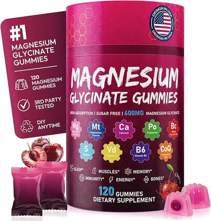 Magnesium Glycinate Gummies 600mg – High Absorption Pure Magnesium Glycinate Complex for Women & Men Support Sleep, Stress & Muscle, Sugar Free, Vegan & Non-GMO – Cherry, 120 Count