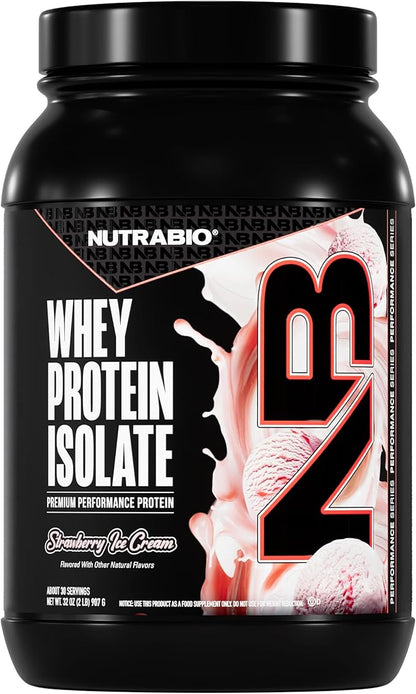 NutraBio 100% Whey Protein Isolate Protein Powder, 25g Protein with Complete Amino Acid Profile, Non-GMO, Soy & Gluten Free, Low Carb, Low Calorie Whey Protein Powder, Strawberry Ice Cream, 2 Lbs